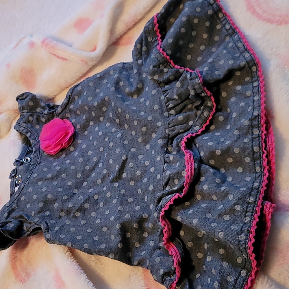 Cute dress! Size 0-3 denim blue with grey dots and hot pink over and piping